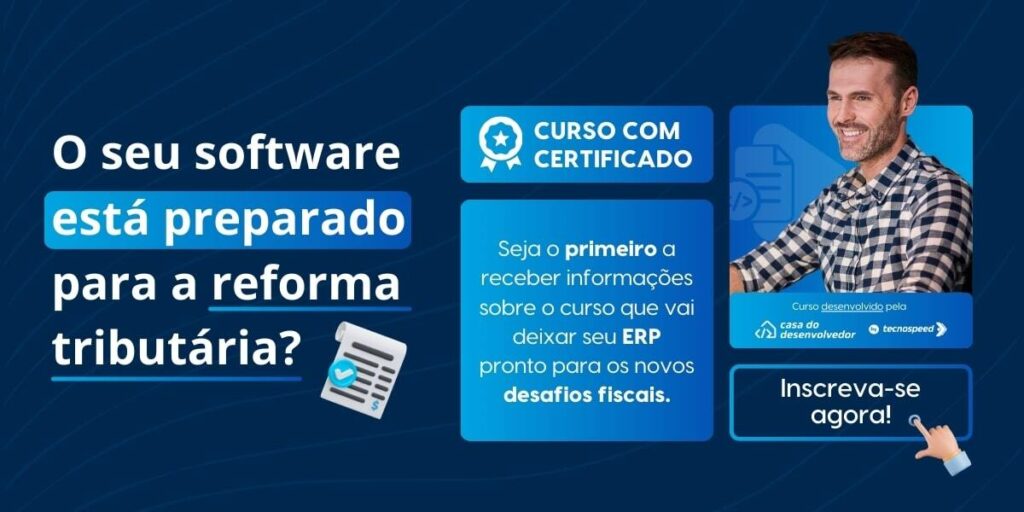 Banner promocional para nosso curso certificado de reforma tributária, com um homem sorridente. O texto destaca a prontidão do software para mudanças tributárias e incentiva o registro antecipado. Inclui um gráfico de área de transferência e um botão de registro. Não perca esta chance de dominar o ibs na reforma tributária!.